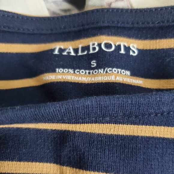 Talbots Navy & Mustard Stripe Tee Size Small Long Sleeve 100% Cotton - Picture 4 of 5
